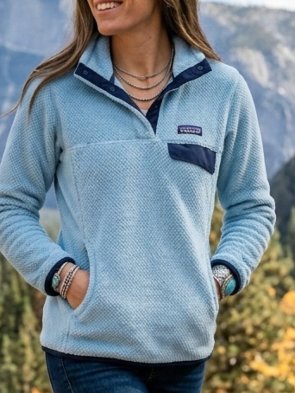 Patagonia Re-Tool Snap-T Deep Pile Fleece Pullover Light Sky Blue Navy Trim Wome
